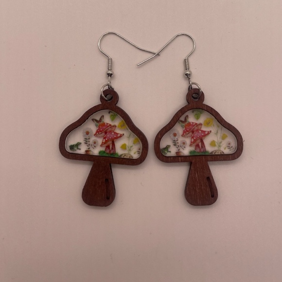 ❤️ FREE Mushroom Wood Like Floral Chic Glam Hipster Hippie Artsy Drop Earrings - Picture 6 of 6